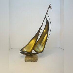 Nautical Double Sails Brass Sailboat Leaning Sculpture Marble Base Signed Figure